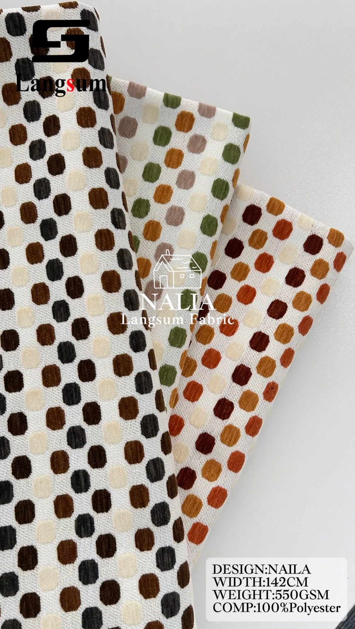 NALIA Spotted-Pattern Polyester Upholstery Fabric – 550gsm, 56" Wide Langsum Fabric