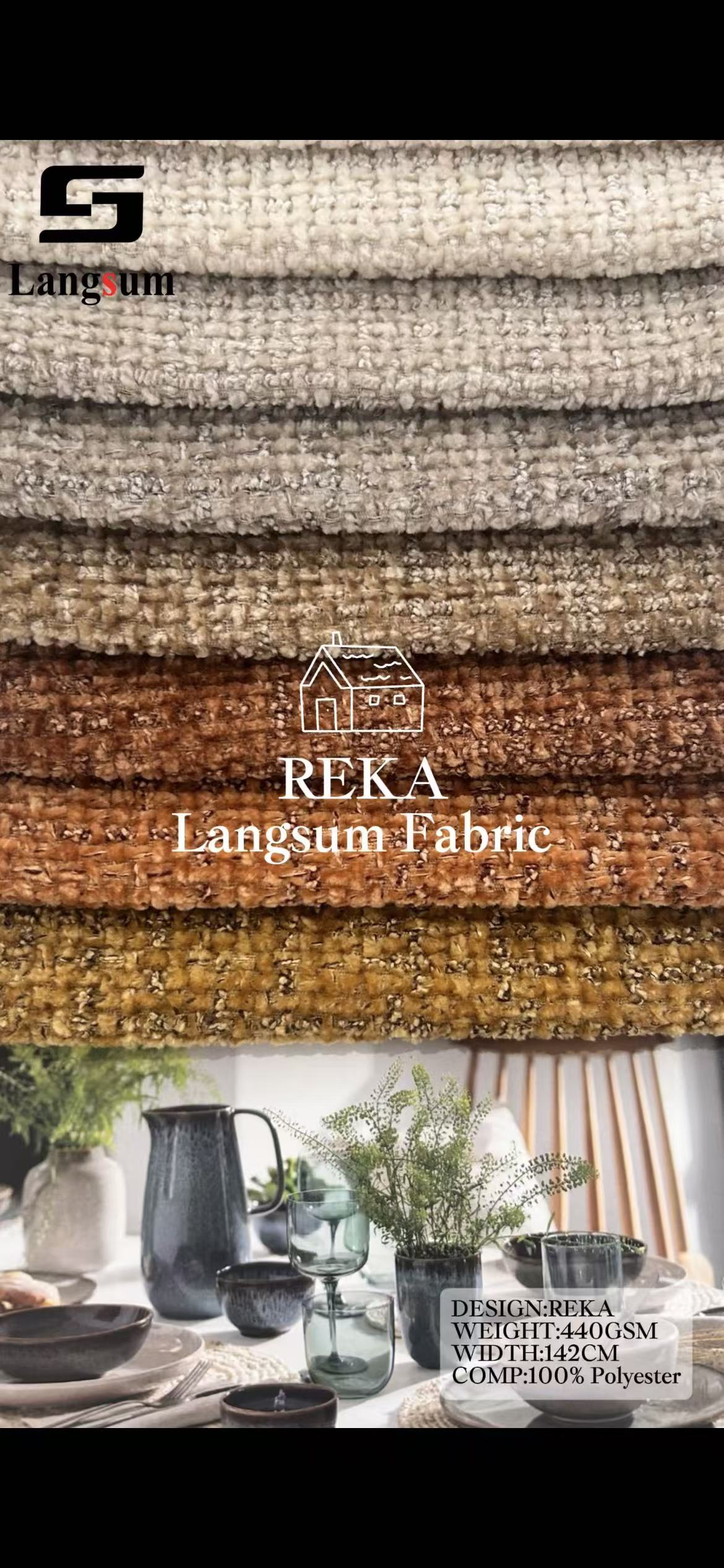 REKA Textured Polyester Upholstery Fabric – 440gsm, 56" Wide, 21 Colors Langsum Fabric