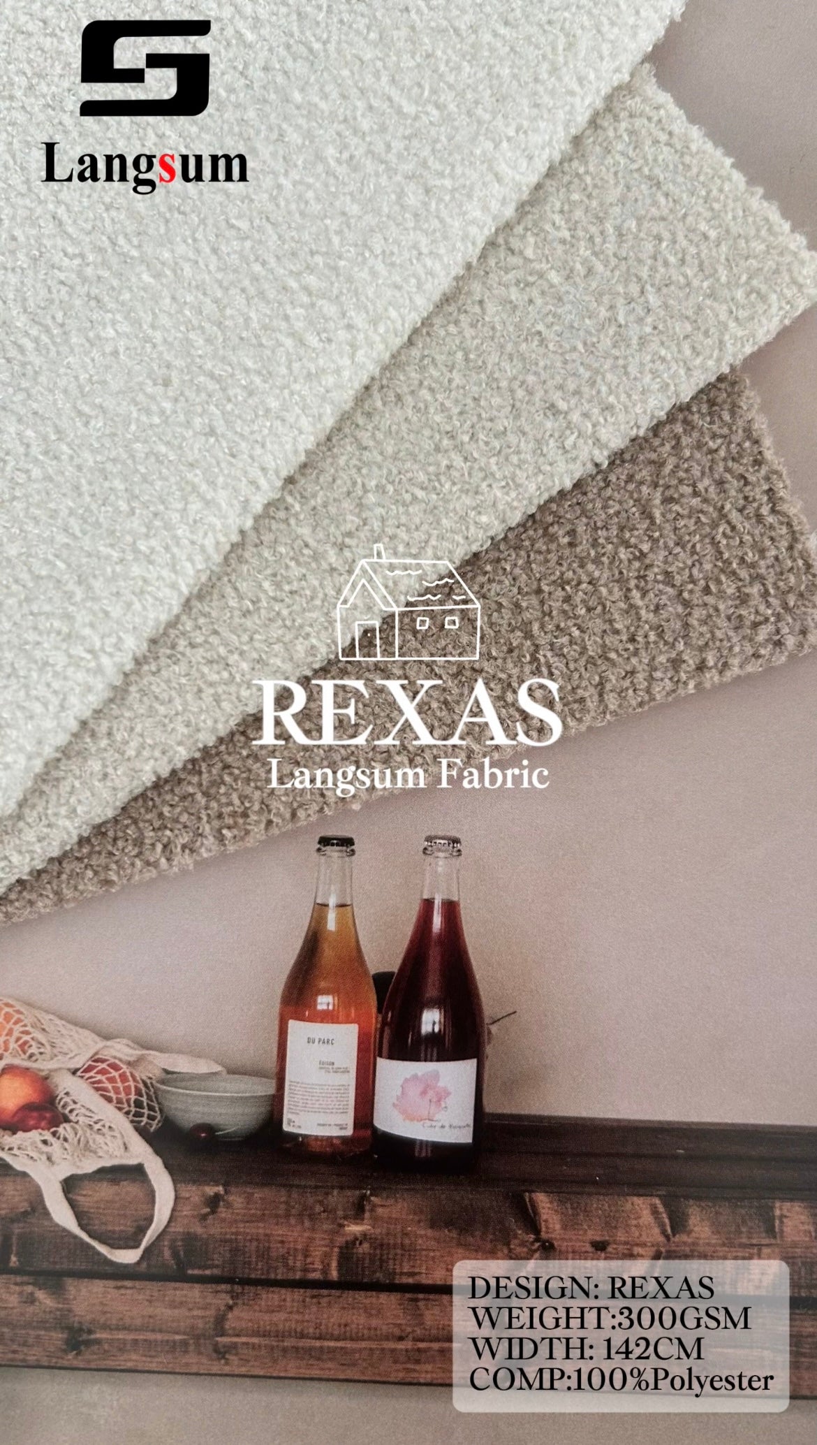 REXAS Loop-Textured Polyester Upholstery Fabric – 300gsm, 56" Wide Langsum Fabric