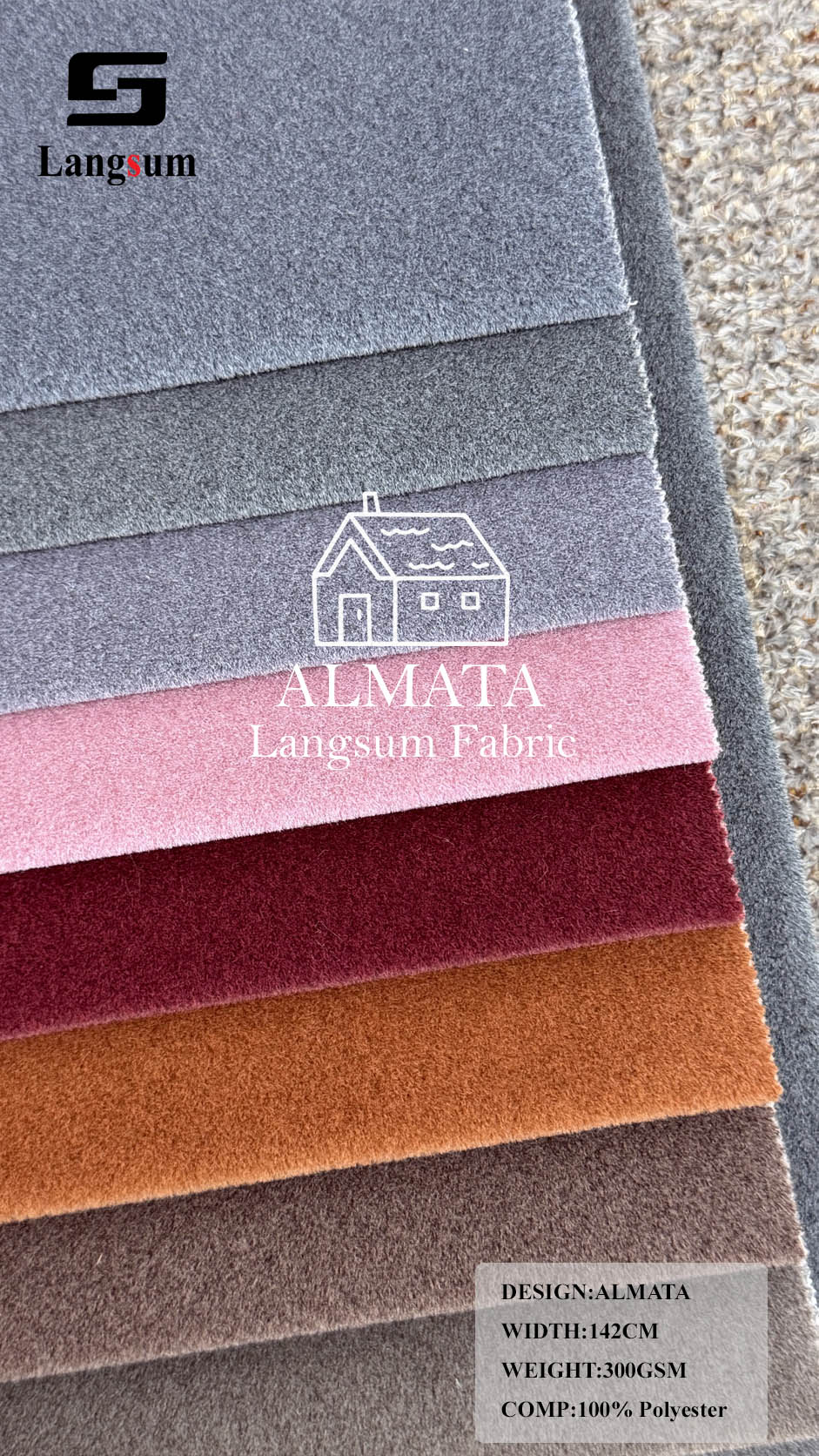 ALMATA Fine-Textured Polyester Upholstery Fabric – 300gsm, 56" Wide, 21 Colors Langsum Fabric