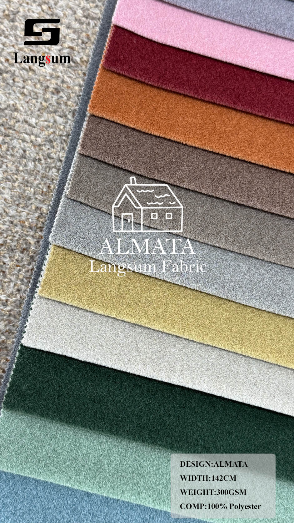 ALMATA Fine-Textured Polyester Upholstery Fabric – 300gsm, 56" Wide, 21 Colors Langsum Fabric