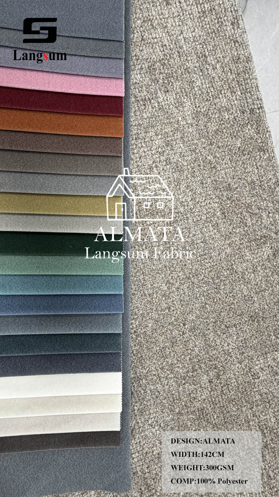 ALMATA Fine-Textured Polyester Upholstery Fabric – 300gsm, 56" Wide, 21 Colors Langsum Fabric