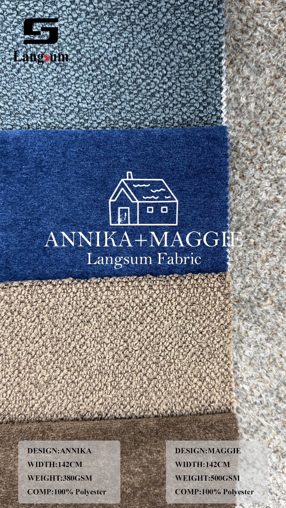 ANNIKA & MAGGIE Textured Polyester Upholstery Fabric – 380 / 500gsm, 56" Wide Langsum Fabric
