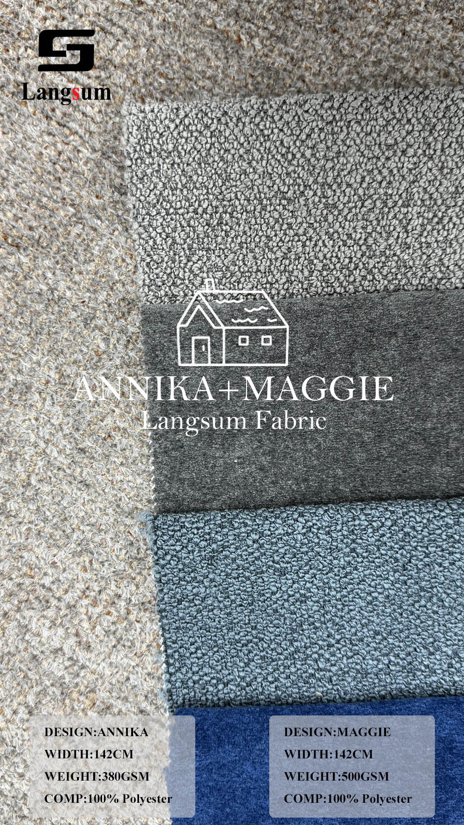 ANNIKA & MAGGIE Textured Polyester Upholstery Fabric – 380 / 500gsm, 56" Wide Langsum Fabric