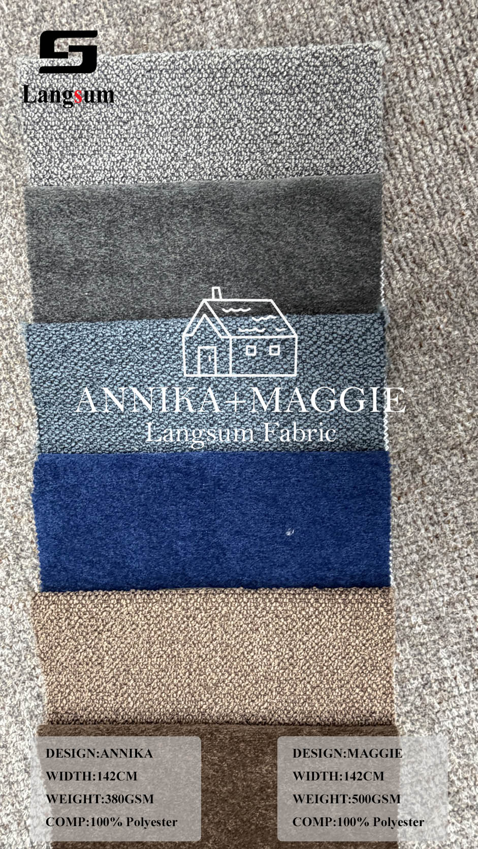 ANNIKA & MAGGIE Textured Polyester Upholstery Fabric – 380 / 500gsm, 56" Wide Langsum Fabric