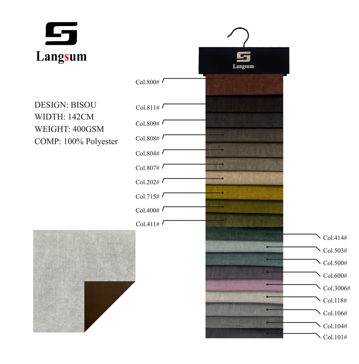 BISOU Mottled-Texture Polyester Upholstery Fabric – 400gsm, 56" Wide, 19 Colors Langsum Fabric