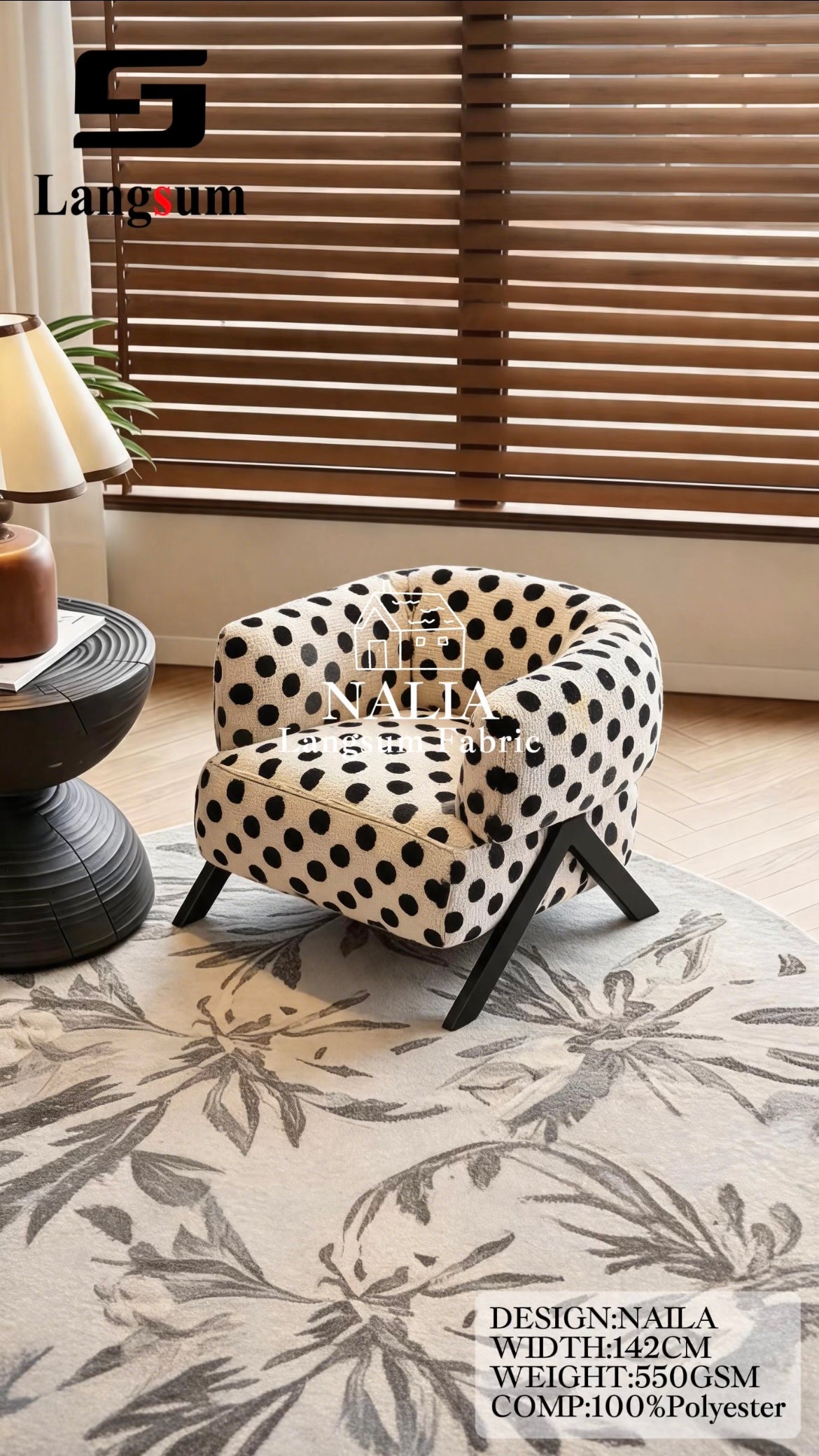 NALIA Spotted-Pattern Polyester Upholstery Fabric – 550gsm, 56" Wide Langsum Fabric