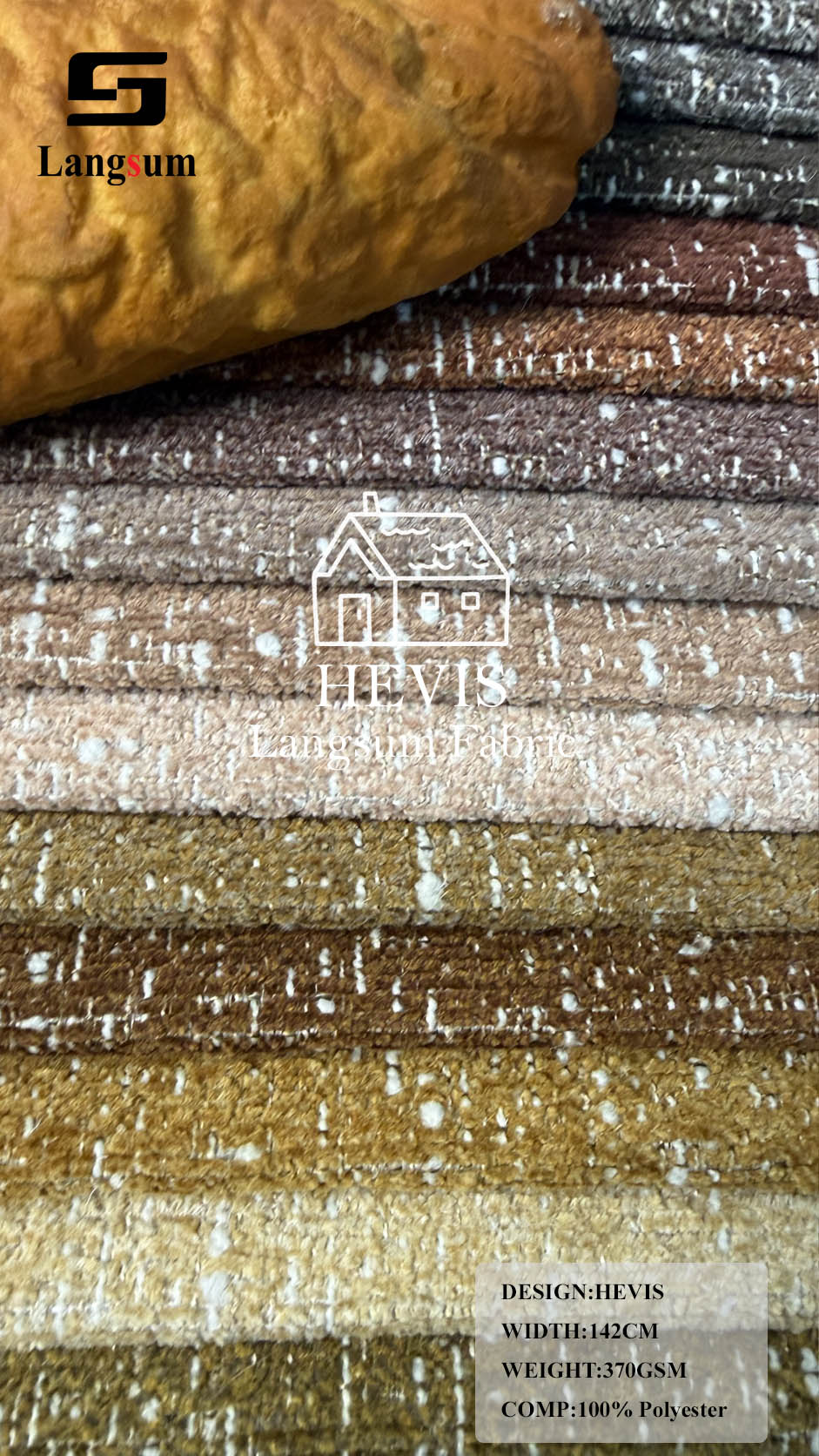 HEVIS Multicolor Textured Polyester Upholstery Fabric – 370gsm, 56" Wide, 38 Colors Langsum Fabric