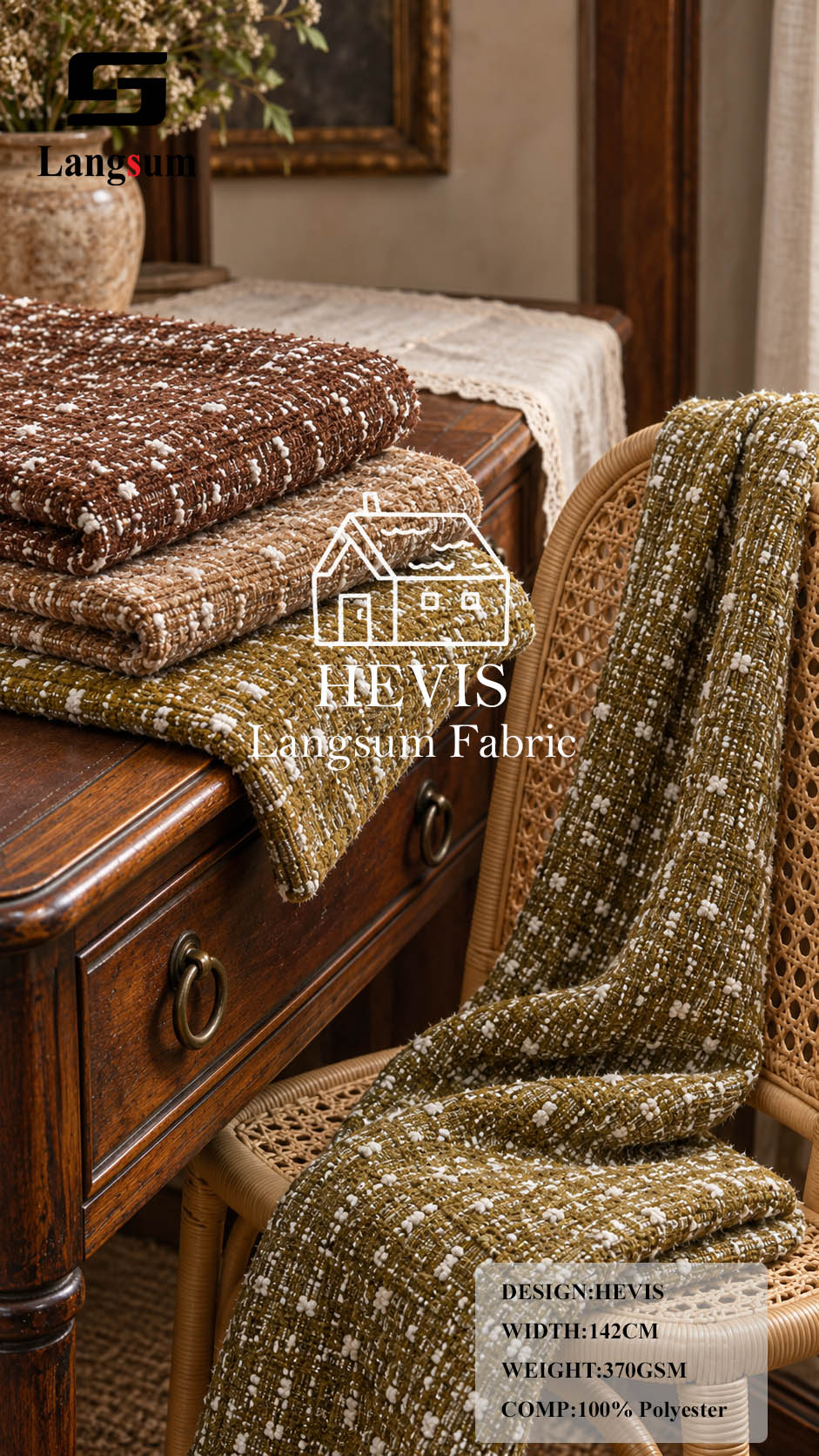 HEVIS Multicolor Textured Polyester Upholstery Fabric – 370gsm, 56" Wide, 38 Colors Langsum Fabric