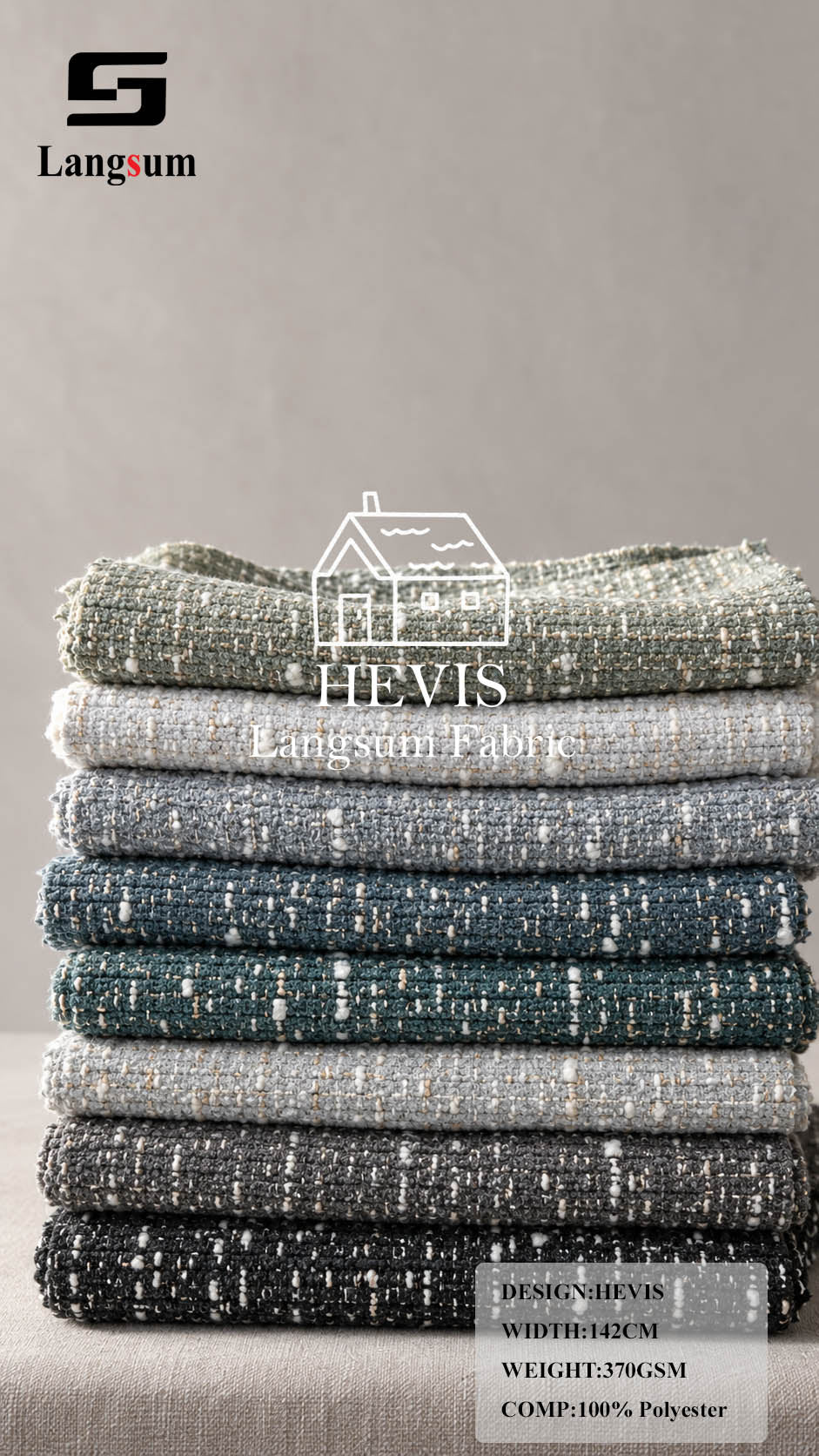 HEVIS Multicolor Textured Polyester Upholstery Fabric – 370gsm, 56" Wide, 38 Colors Langsum Fabric