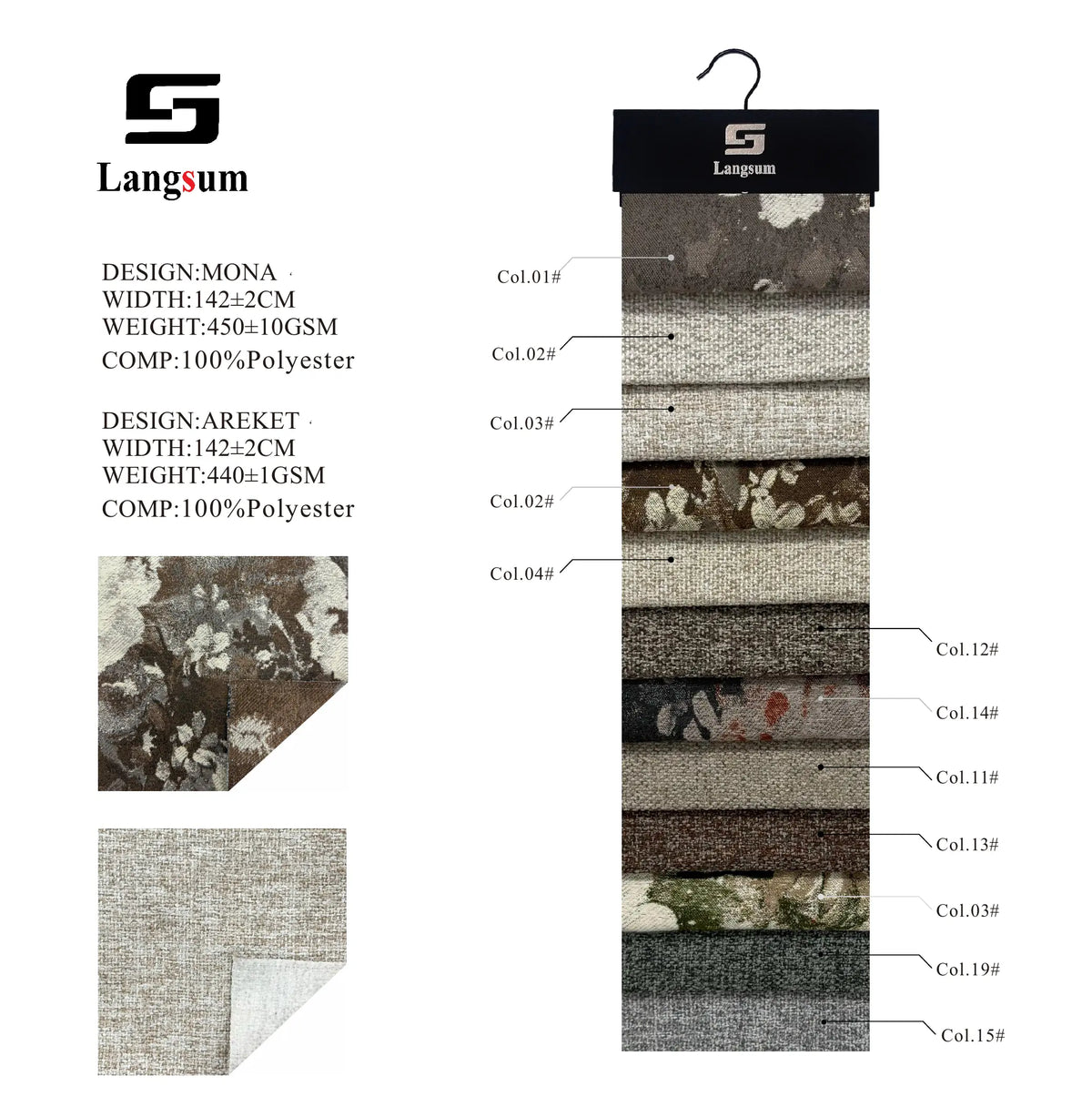 MONA & AREKET Polyester Upholstery Fabric – 440-450gsm, 56" Wide, 12 Colors Langsum Fabric