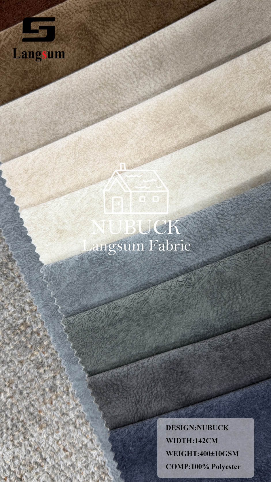 NUBUCK Suede-Look Polyester Upholstery Fabric – 400±10gsm, 56" Wide, 16 Colors Langsum Fabric