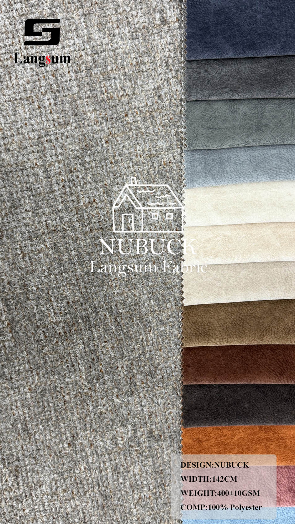 NUBUCK Suede-Look Polyester Upholstery Fabric – 400±10gsm, 56" Wide, 16 Colors Langsum Fabric