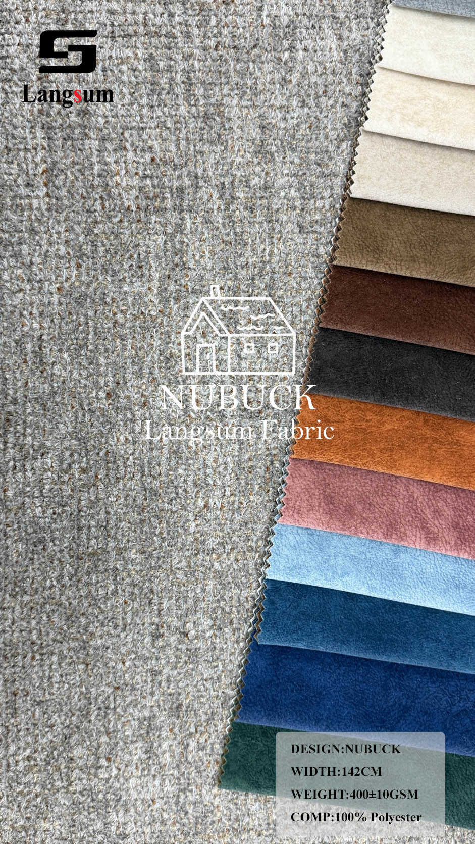 NUBUCK Suede-Look Polyester Upholstery Fabric – 400±10gsm, 56" Wide, 16 Colors Langsum Fabric