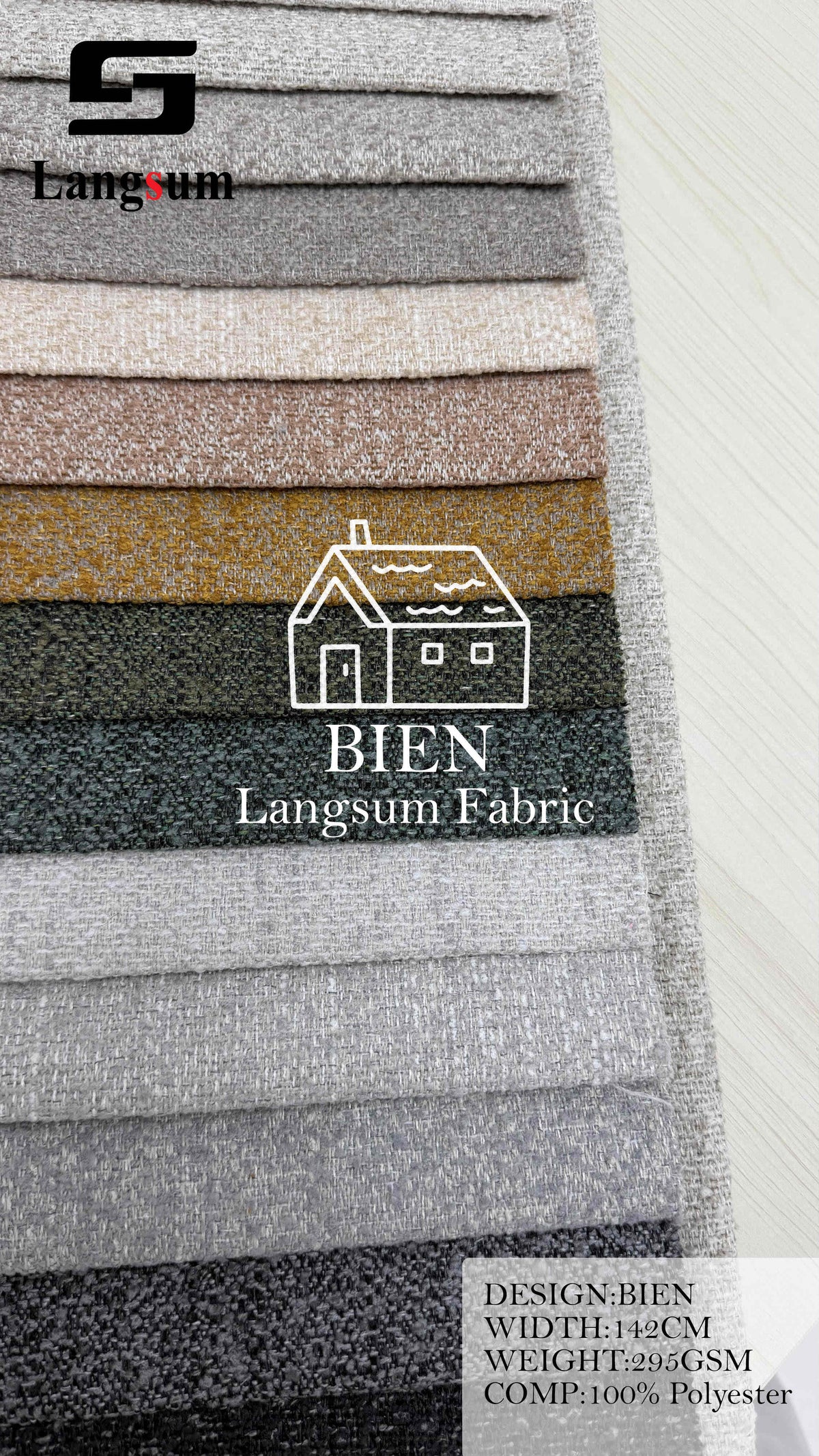 BIEN Fine-Textured Polyester Upholstery Fabric – 295gsm, 56" Wide Langsum Fabric