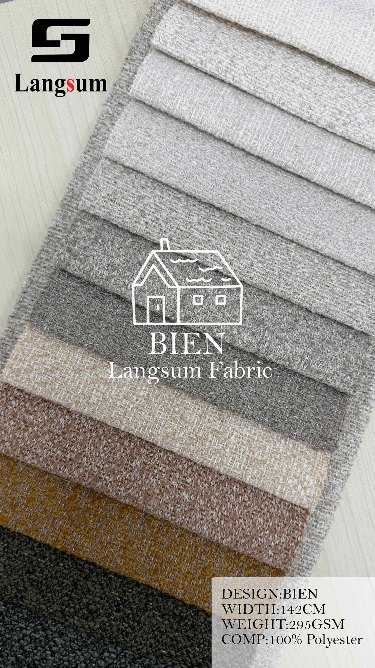 BIEN Fine-Textured Polyester Upholstery Fabric – 295gsm, 56" Wide Langsum Fabric