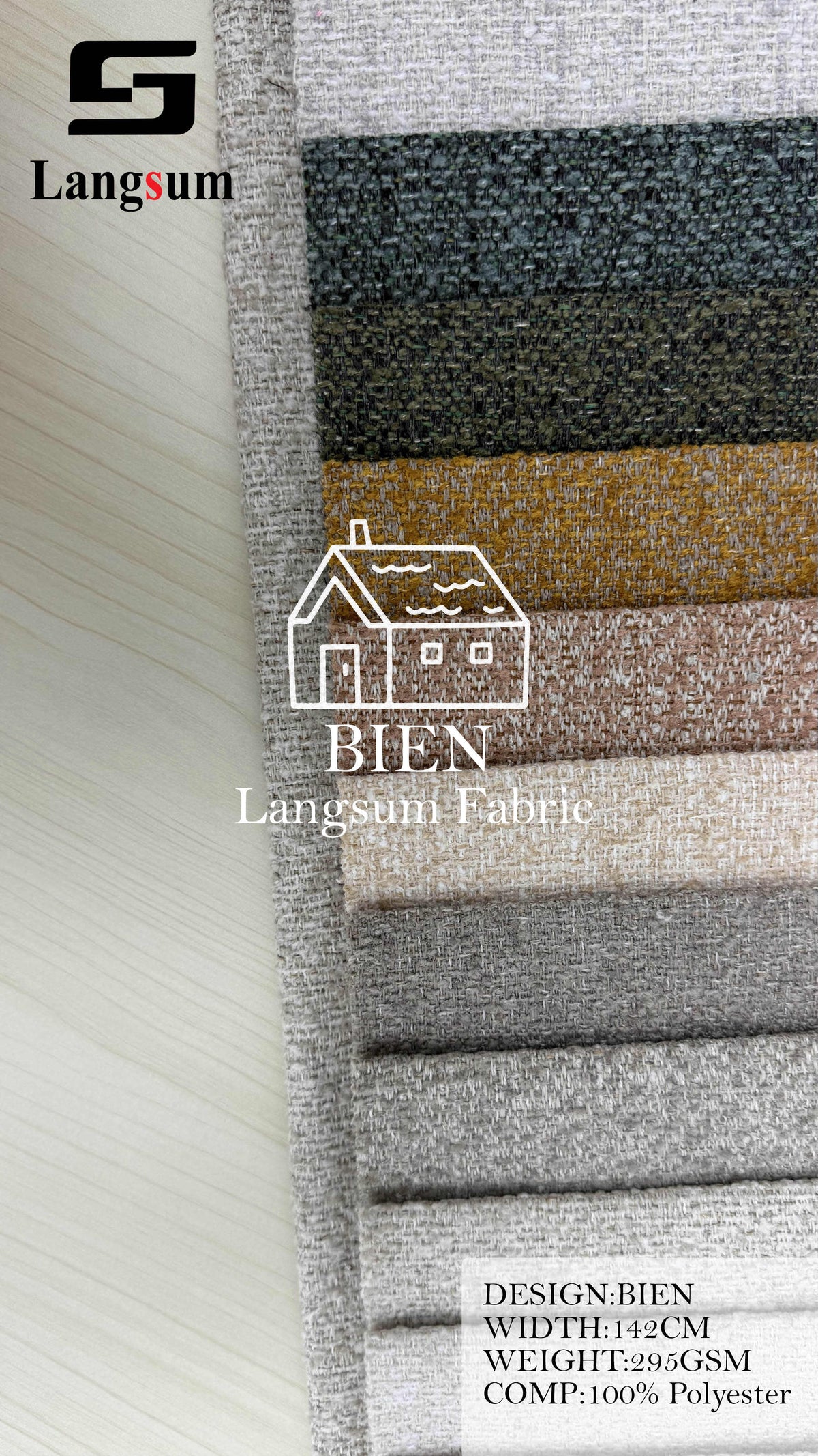 BIEN Fine-Textured Polyester Upholstery Fabric – 295gsm, 56" Wide Langsum Fabric