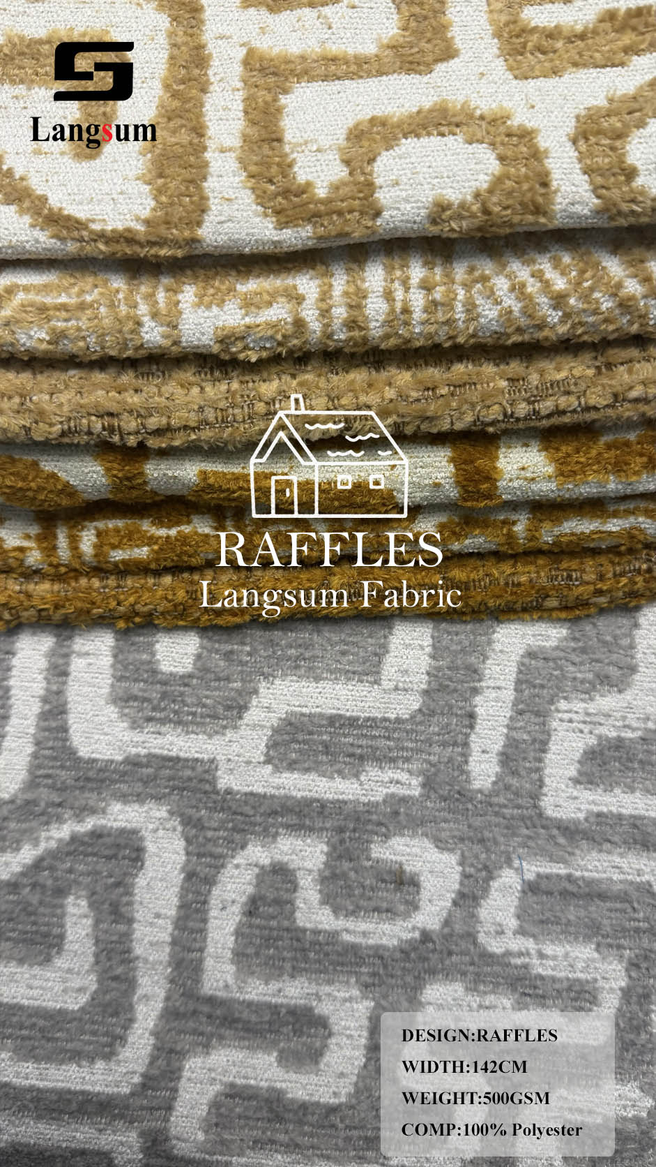 RAFFLES & LIKO Geometric-Pattern Polyester Upholstery Fabric – 500 / 290gsm, 56" Wide Langsum Fabric