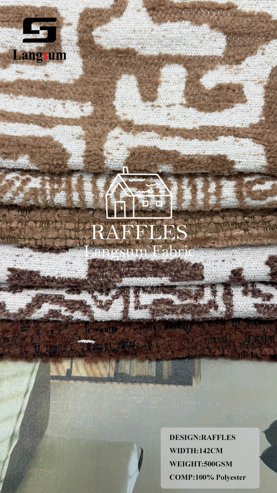 RAFFLES & LIKO Geometric-Pattern Polyester Upholstery Fabric – 500 / 290gsm, 56" Wide Langsum Fabric