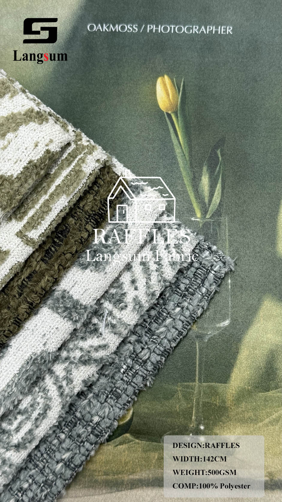 RAFFLES & LIKO Geometric-Pattern Polyester Upholstery Fabric – 500 / 290gsm, 56" Wide Langsum Fabric