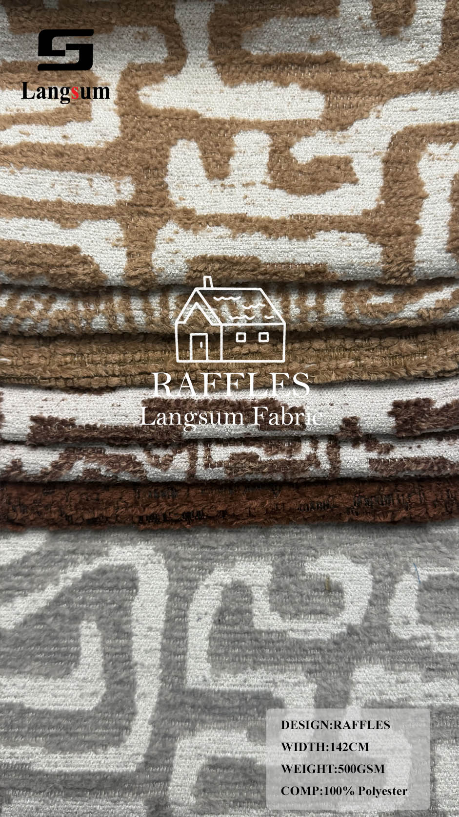 RAFFLES & LIKO Geometric-Pattern Polyester Upholstery Fabric – 500 / 290gsm, 56" Wide Langsum Fabric