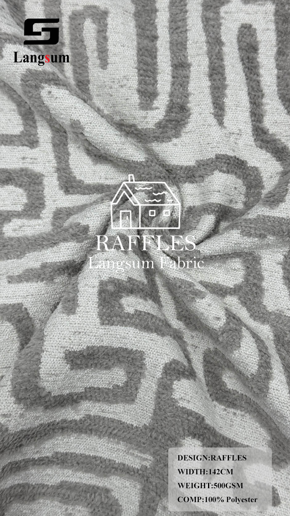 RAFFLES & LIKO Geometric-Pattern Polyester Upholstery Fabric – 500 / 290gsm, 56" Wide Langsum Fabric
