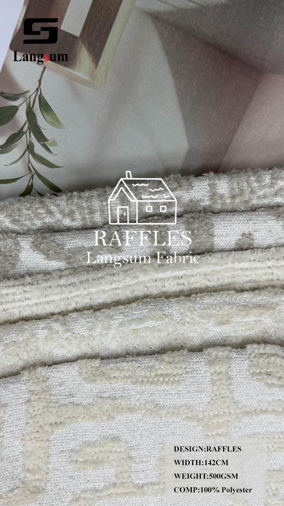 RAFFLES & LIKO Geometric-Pattern Polyester Upholstery Fabric – 500 / 290gsm, 56" Wide Langsum Fabric