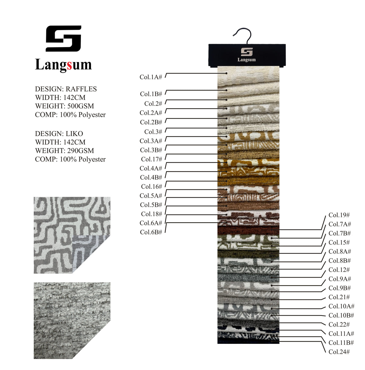 RAFFLES & LIKO Geometric-Pattern Polyester Upholstery Fabric – 500 / 290gsm, 56" Wide Langsum Fabric