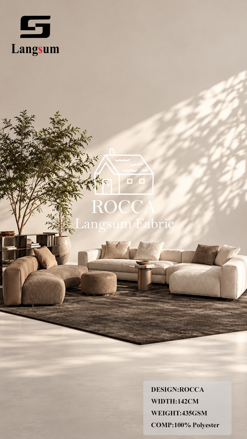 ROCCA Slub-Textured Polyester Upholstery Fabric – 435gsm, 56" Wide, 26 Colors Langsum Fabric