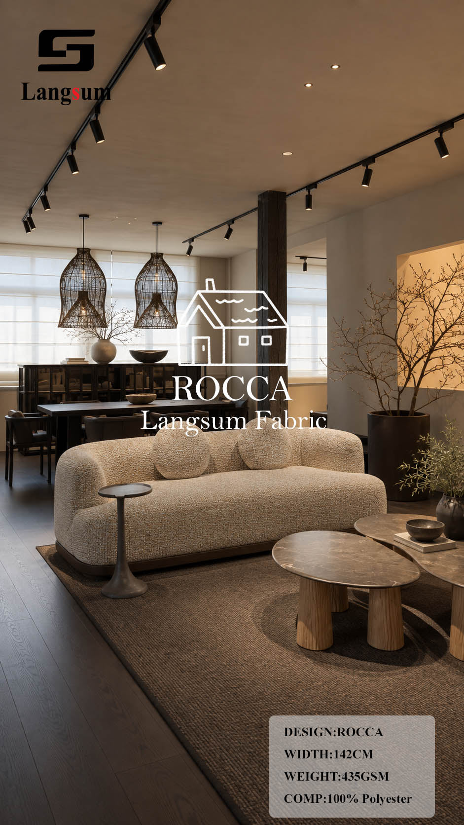 ROCCA Slub-Textured Polyester Upholstery Fabric – 435gsm, 56" Wide, 26 Colors Langsum Fabric
