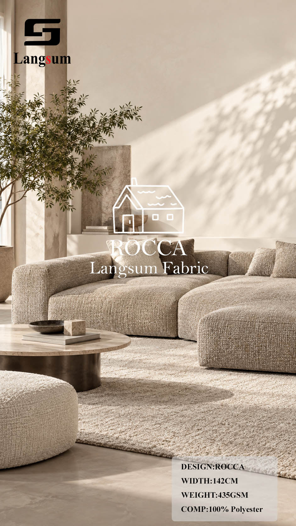 ROCCA Slub-Textured Polyester Upholstery Fabric – 435gsm, 56" Wide, 26 Colors Langsum Fabric