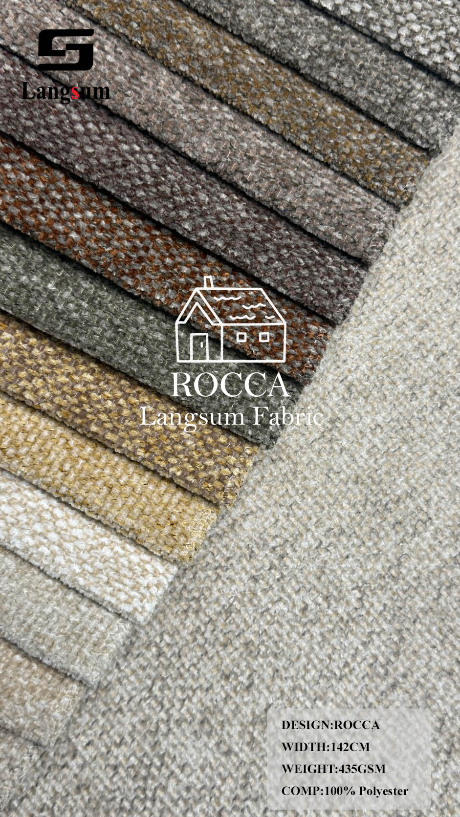 ROCCA Slub-Textured Polyester Upholstery Fabric – 435gsm, 56" Wide, 26 Colors Langsum Fabric