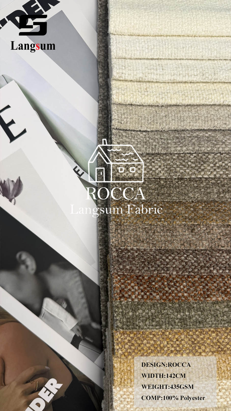 ROCCA Slub-Textured Polyester Upholstery Fabric – 435gsm, 56" Wide, 26 Colors Langsum Fabric