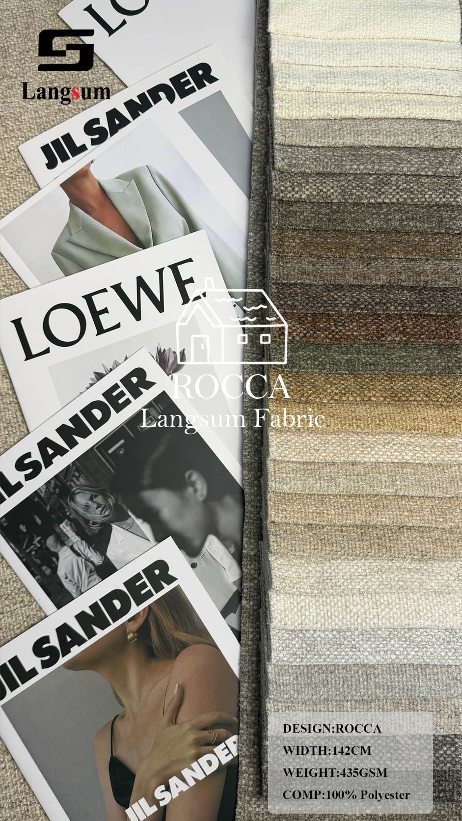 ROCCA Slub-Textured Polyester Upholstery Fabric – 435gsm, 56" Wide, 26 Colors Langsum Fabric