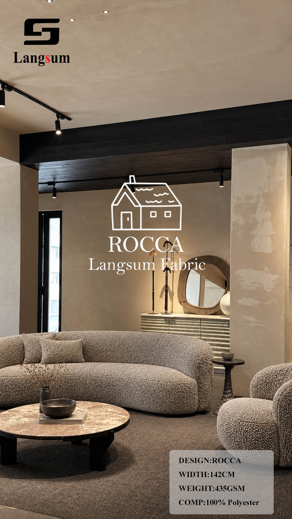 ROCCA Slub-Textured Polyester Upholstery Fabric – 435gsm, 56" Wide, 26 Colors Langsum Fabric