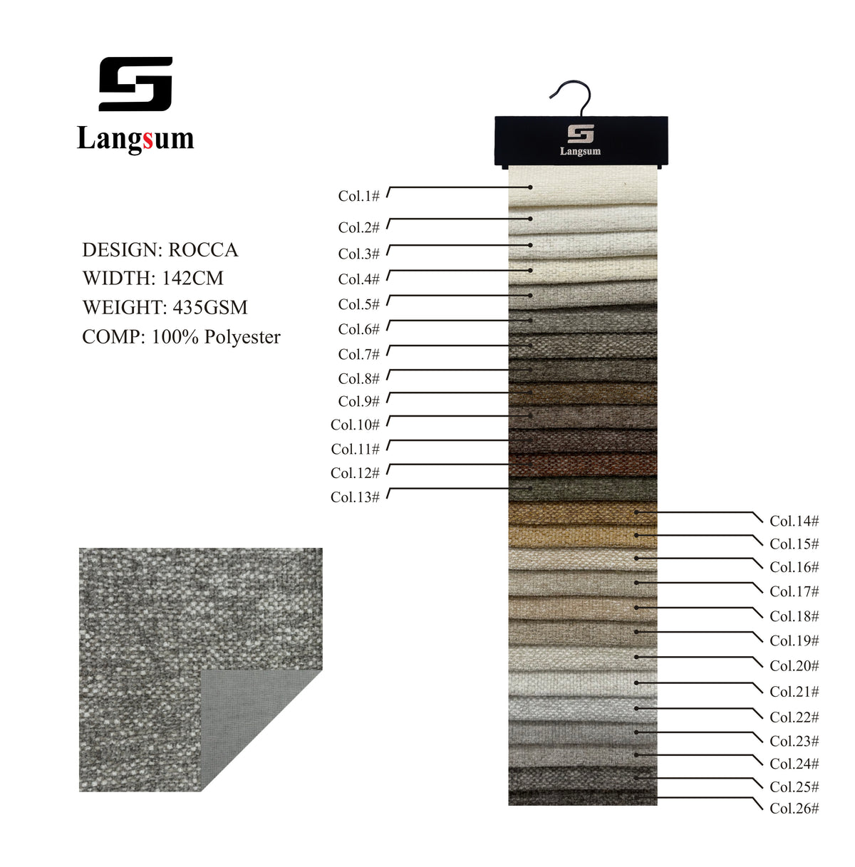 ROCCA Slub-Textured Polyester Upholstery Fabric – 435gsm, 56" Wide, 26 Colors Langsum Fabric