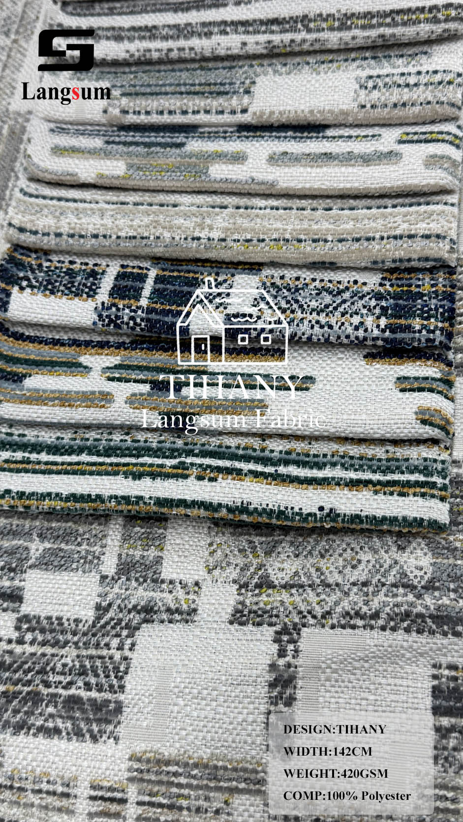 TIHANY Geometric-Pattern Polyester Upholstery Fabric – 420gsm, 56" Wide Langsum Fabric