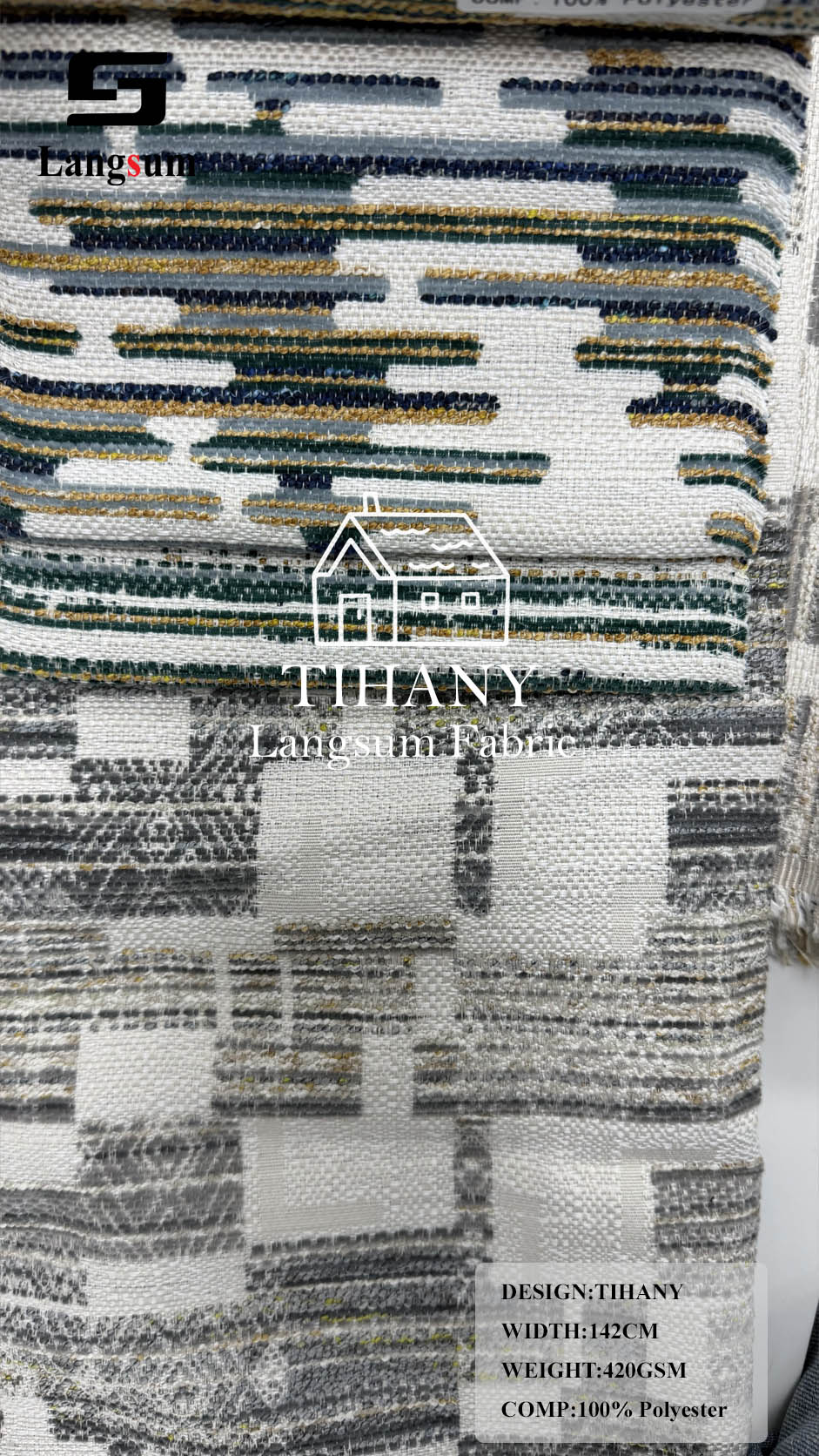 TIHANY Geometric-Pattern Polyester Upholstery Fabric – 420gsm, 56" Wide Langsum Fabric