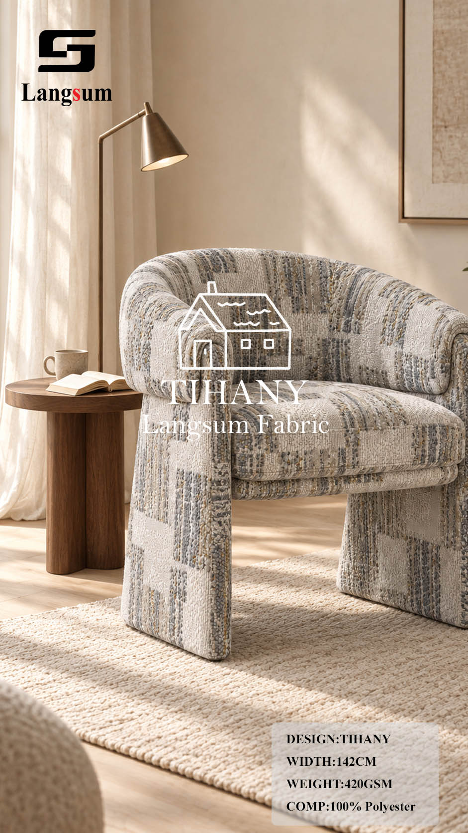 TIHANY Geometric-Pattern Polyester Upholstery Fabric – 420gsm, 56" Wide Langsum Fabric