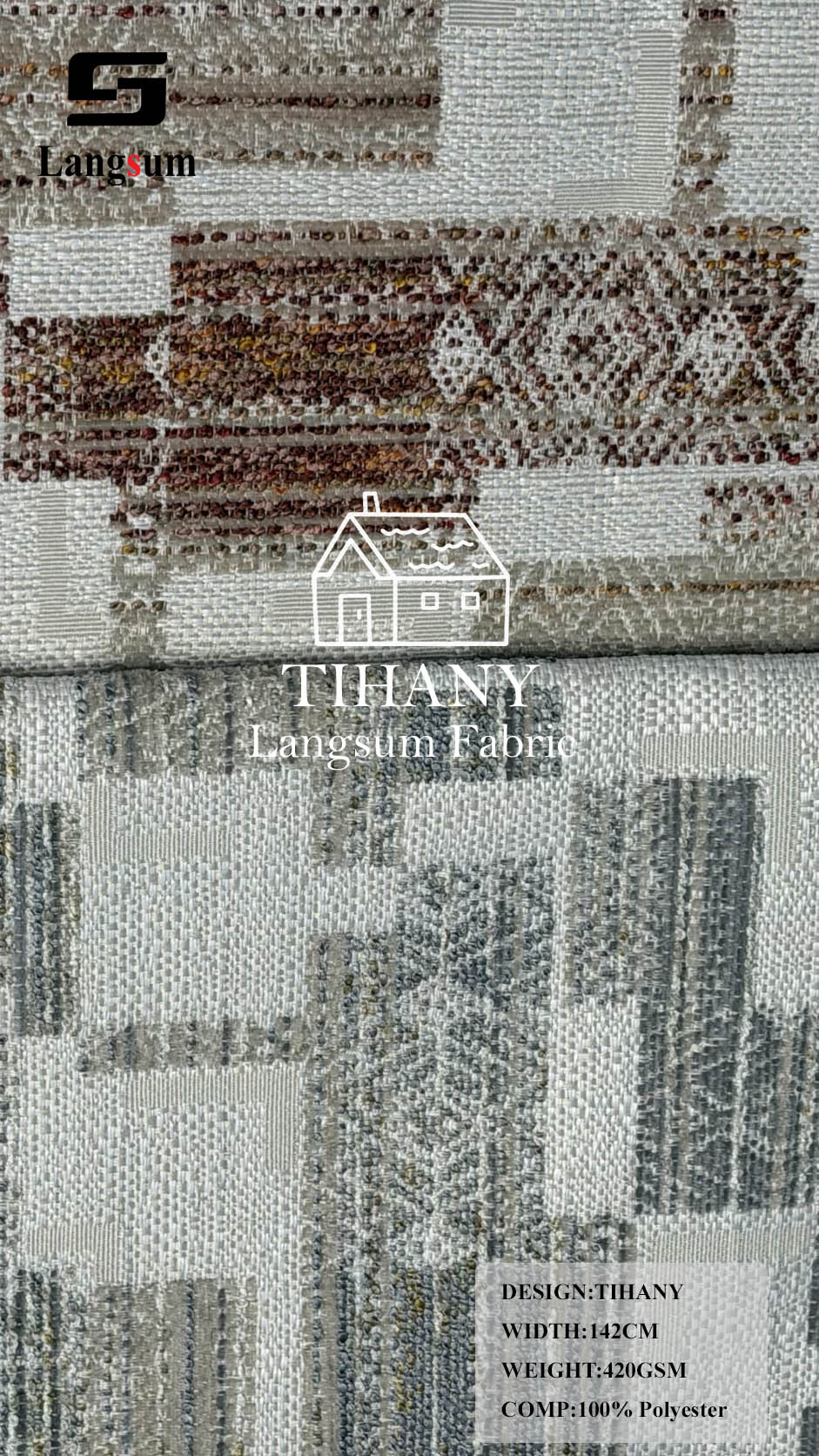 TIHANY Geometric-Pattern Polyester Upholstery Fabric – 420gsm, 56" Wide Langsum Fabric