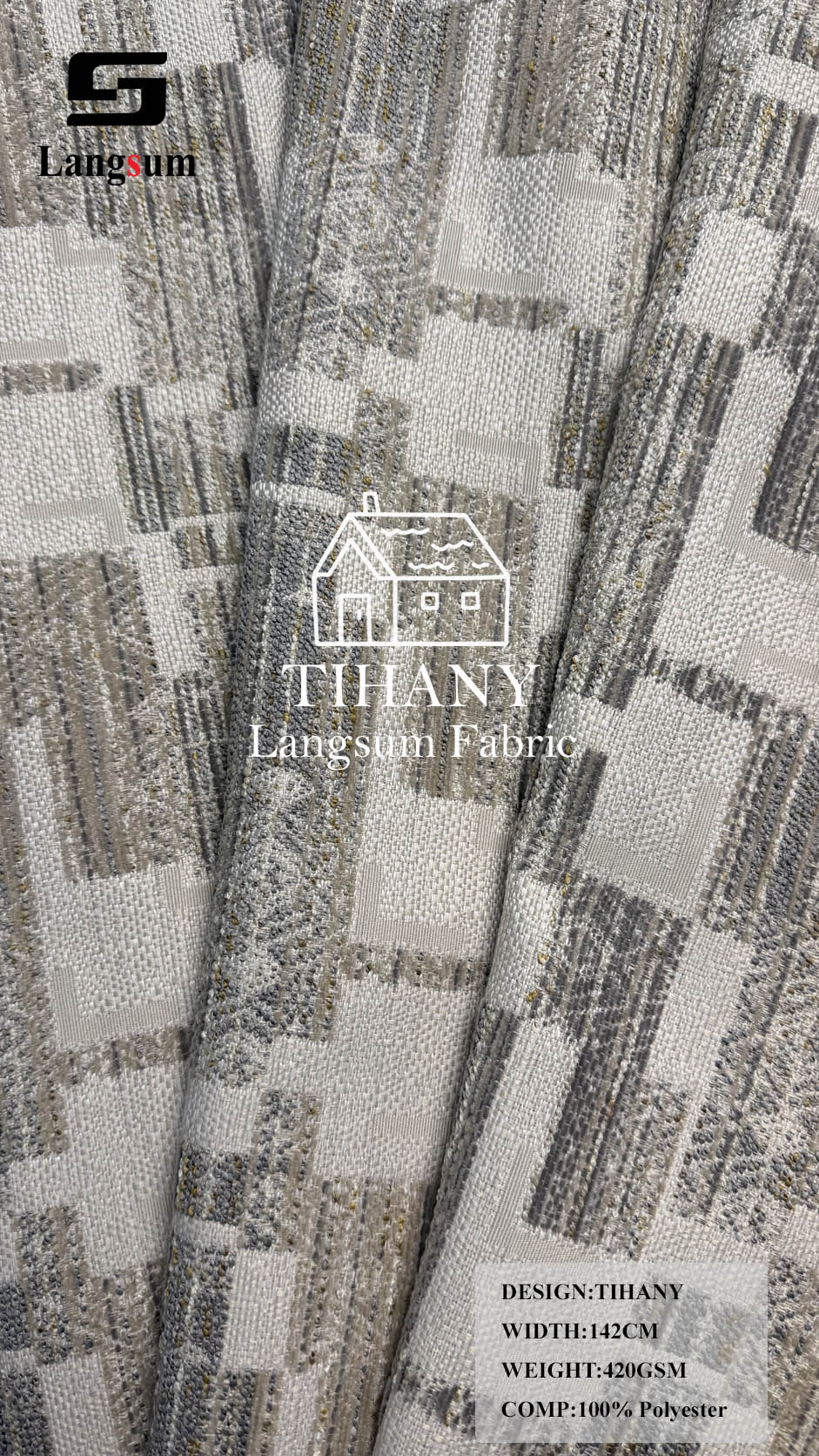 TIHANY Geometric-Pattern Polyester Upholstery Fabric – 420gsm, 56" Wide Langsum Fabric
