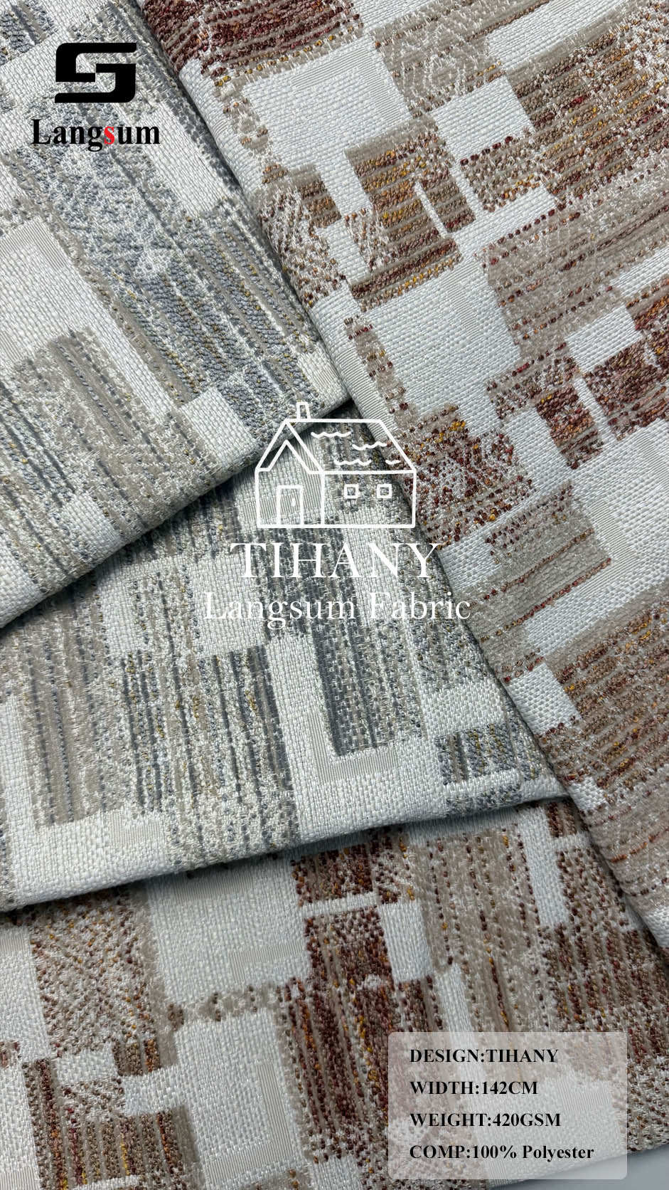 TIHANY Geometric-Pattern Polyester Upholstery Fabric – 420gsm, 56" Wide Langsum Fabric