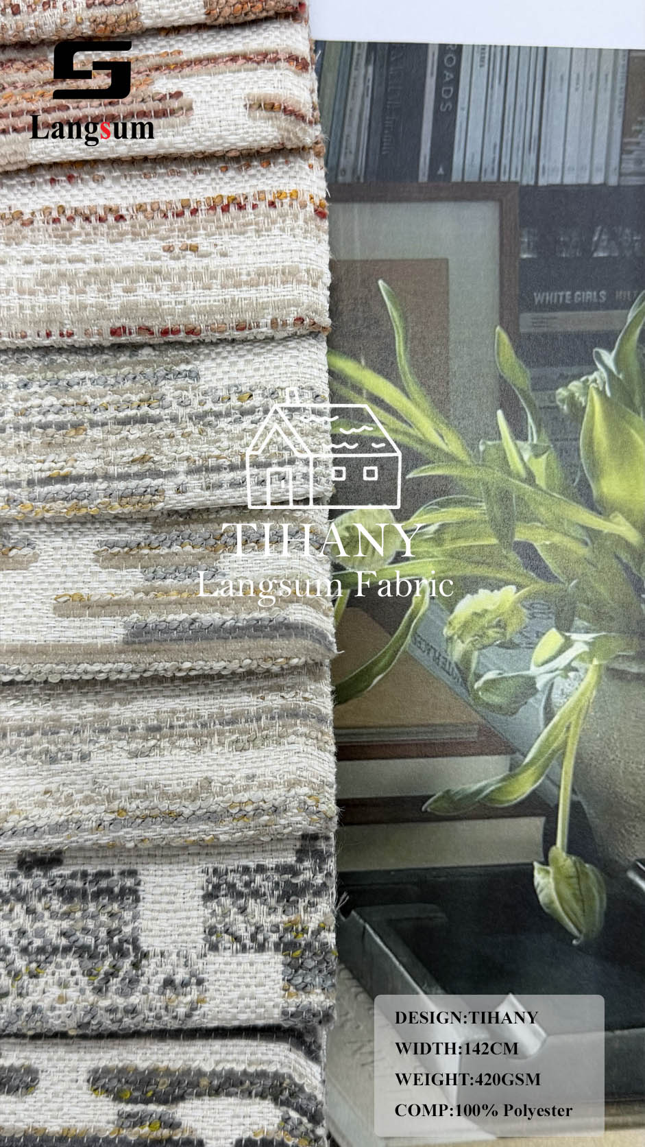 TIHANY Geometric-Pattern Polyester Upholstery Fabric – 420gsm, 56" Wide Langsum Fabric
