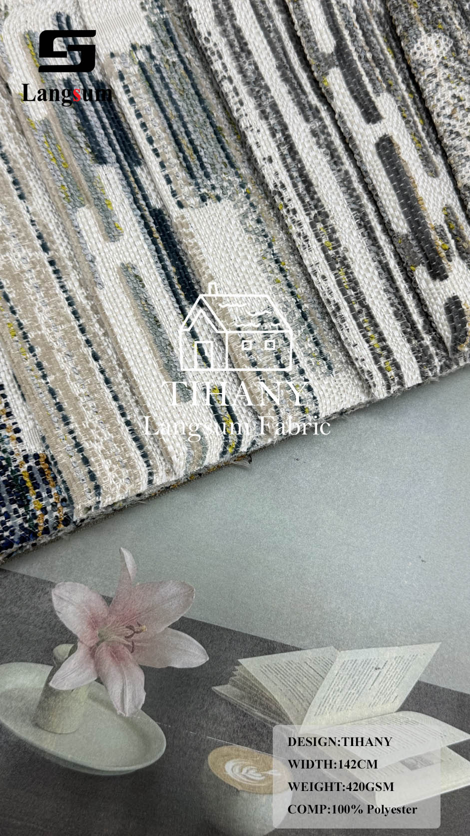 TIHANY Geometric-Pattern Polyester Upholstery Fabric – 420gsm, 56" Wide Langsum Fabric
